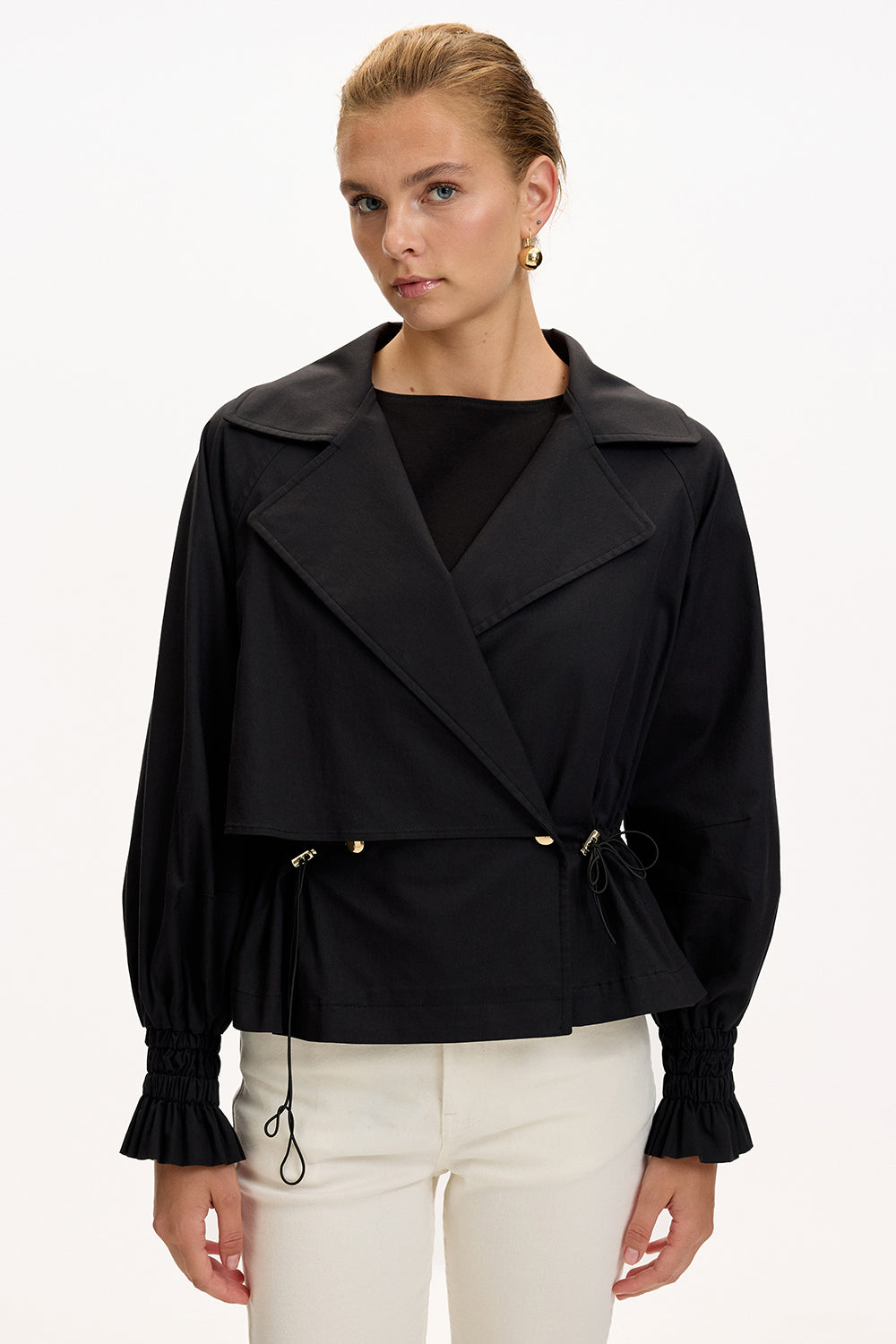 Black Regular Fit Cotton Jacket with Shirt Collar, Raglan Sleeves, and Lining