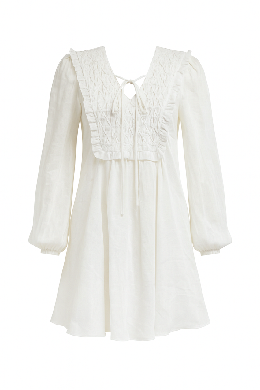 Long Sleeve Linen Mini Dress  - WHITE