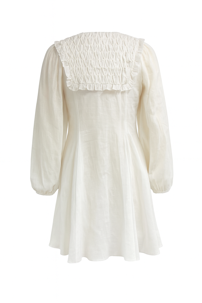 Long Sleeve Linen Mini Dress  - WHITE