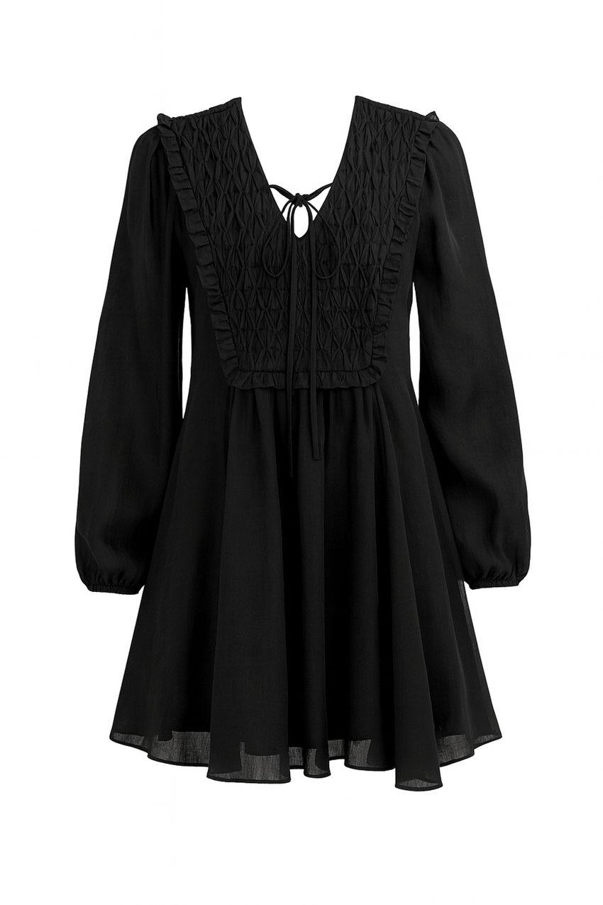 Long Sleeve Linen Mini Dress  - BLACK