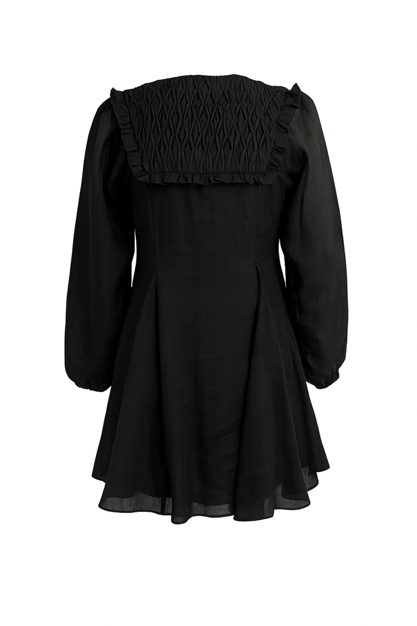 Long Sleeve Linen Mini Dress  - BLACK