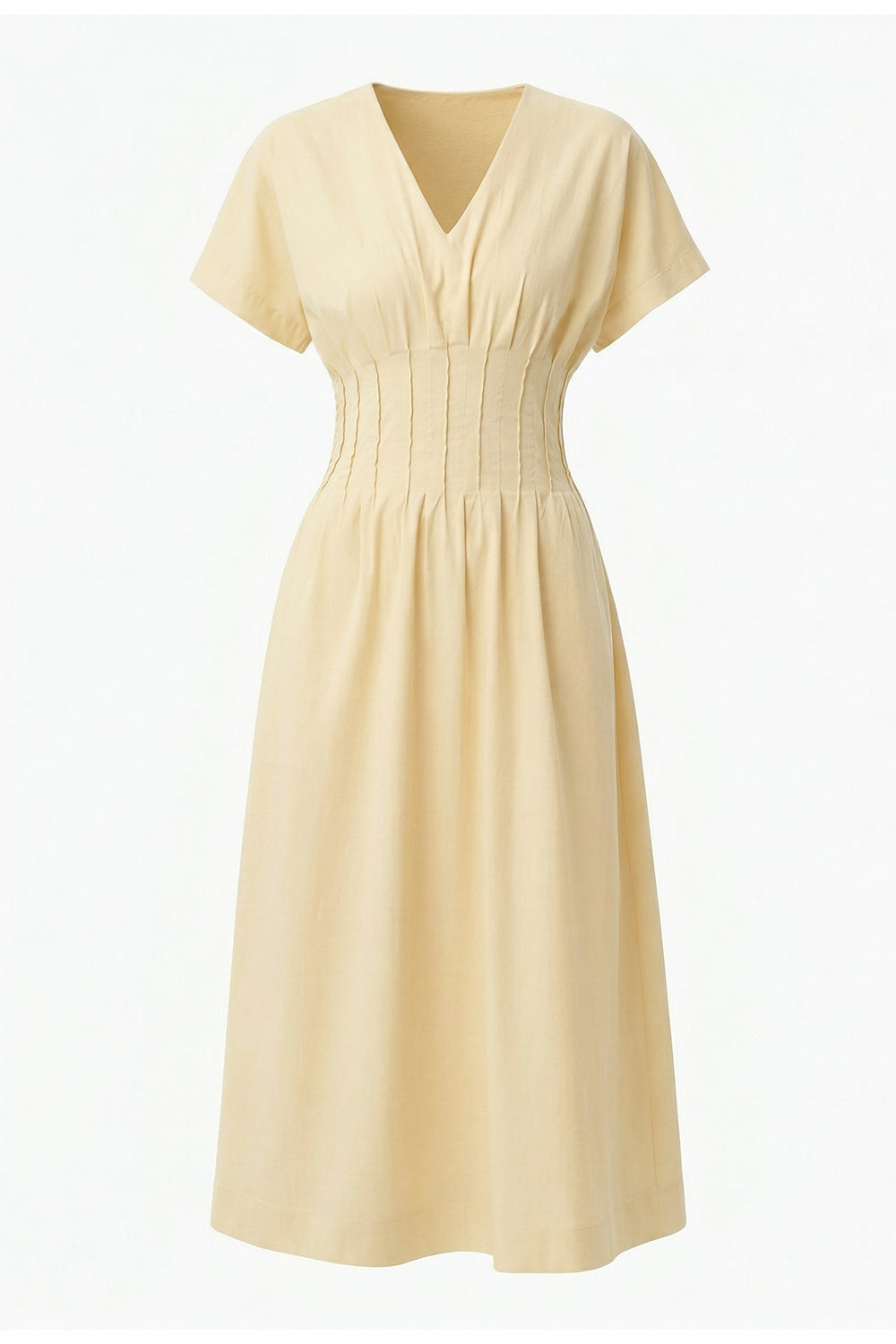 Short Sleeve V Neck Elastic Waist Pocket Midi Dress - CREAM