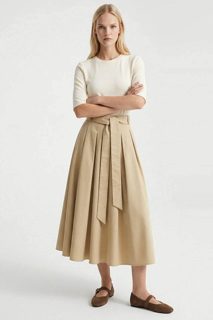 Round Neck Short Sleeve Belted Pleated Midi Dress - ECRU