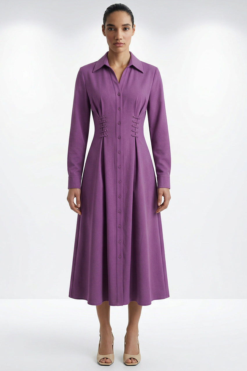 Eyelet Detail Pocket Shirt Collar Midi Dress - LILA