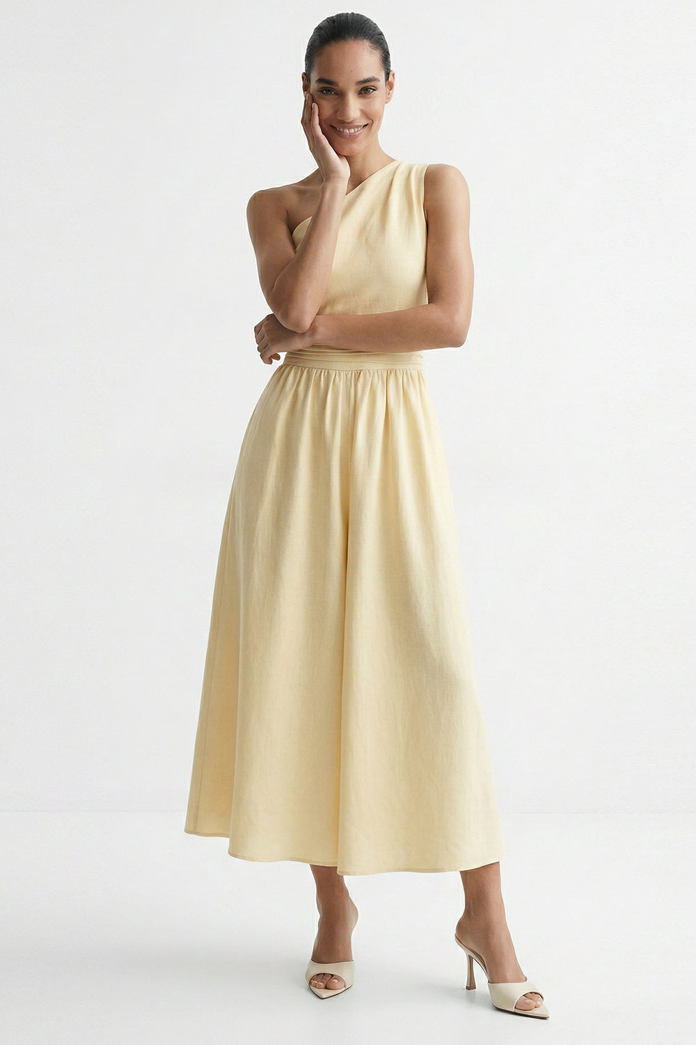 Elastic Waist Linen Blend Midi Dress - ECRU