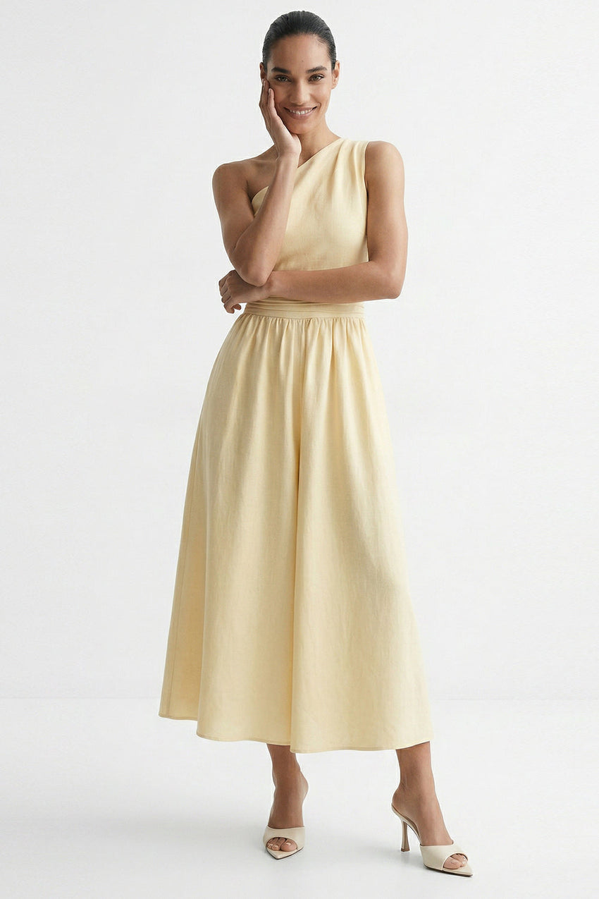 Elastic Waist Linen Blend Midi Dress - ECRU