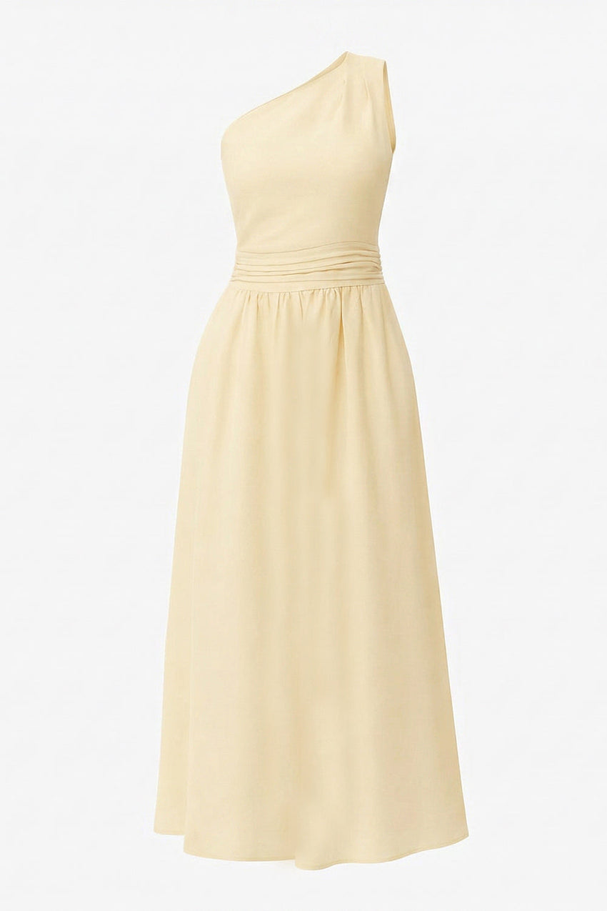 Elastic Waist Linen Blend Midi Dress - ECRU