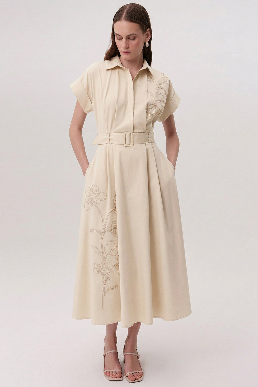 Shirt Collar Short Sleeve Belted Pocket Midi Dress - CREAM