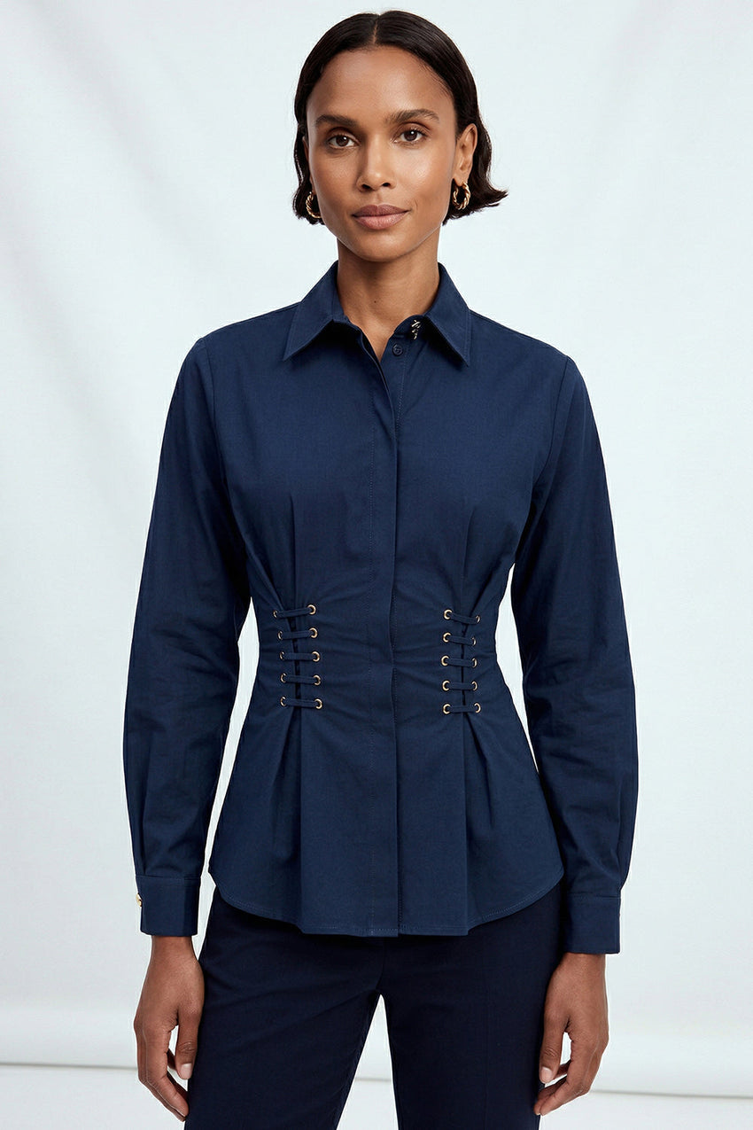 Miya Eyelet Detail Shirt - NAVY BLUE
