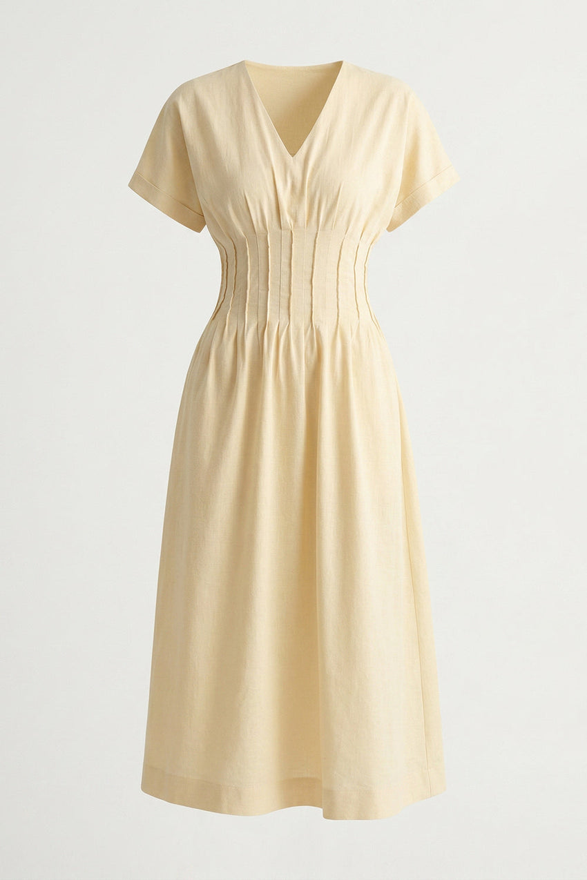 Short Sleeve V Neck Elastic Waist Pocket Midi Dress - CREAM