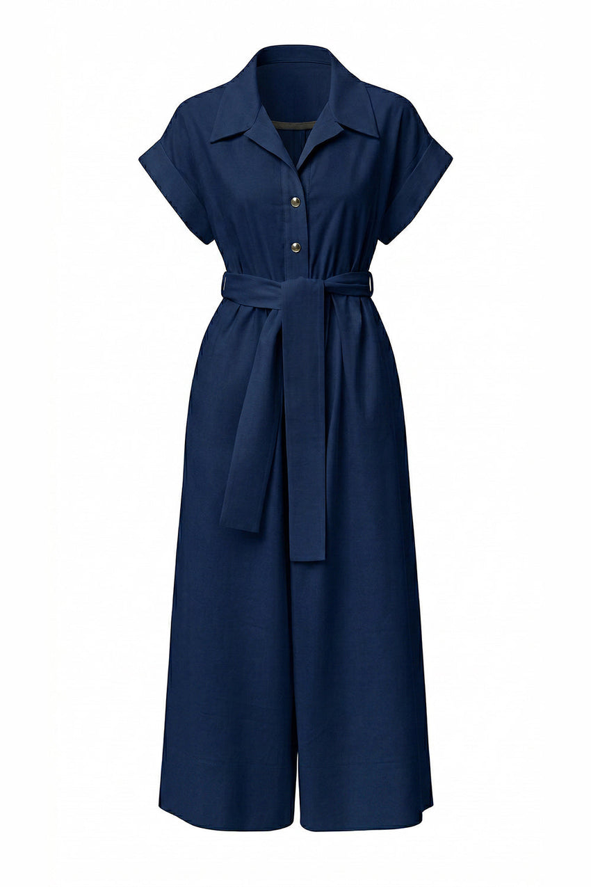 Shirt Collar Short Sleeve Pocket Belted Midi Jumpsuit - NAVY BLUE