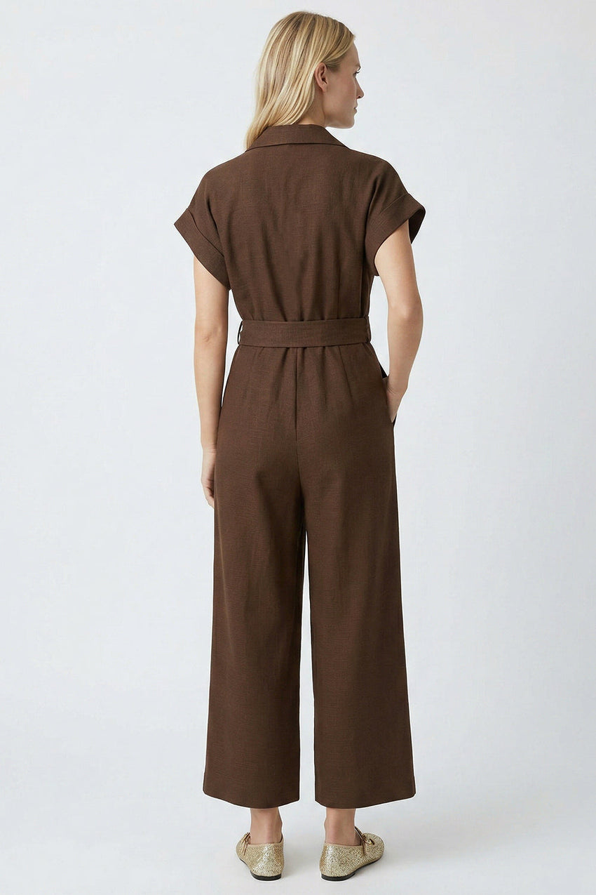 Shirt Collar Short Sleeve Pocket Belted Midi Jumpsuit - BROWN