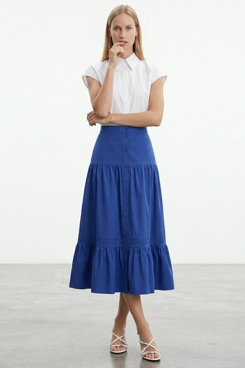 Elastic Waist Buttoned High Waist Midi Skirt - NAVY BLUE