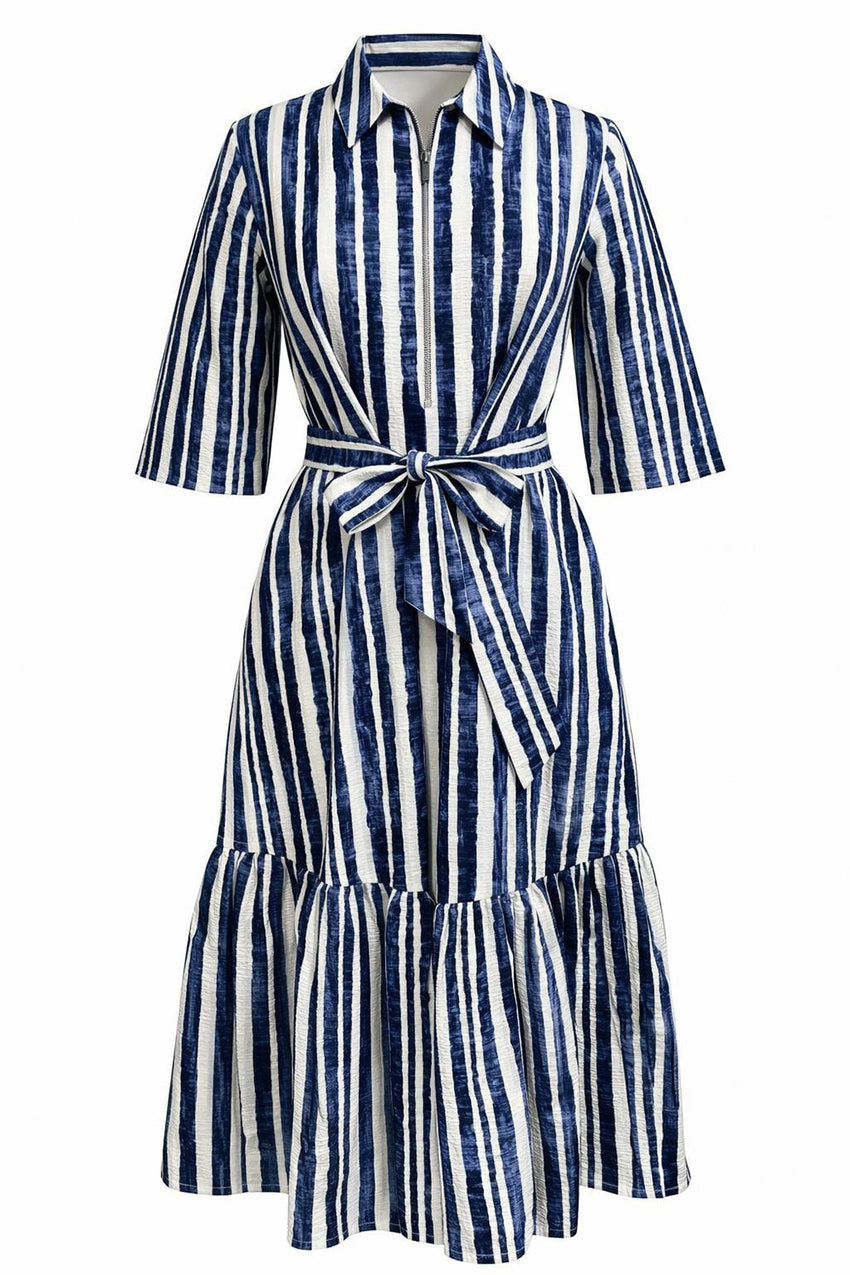 Shirt Collar Short Sleeve Belted Midi Dress - ROYAL BLUE-BONE