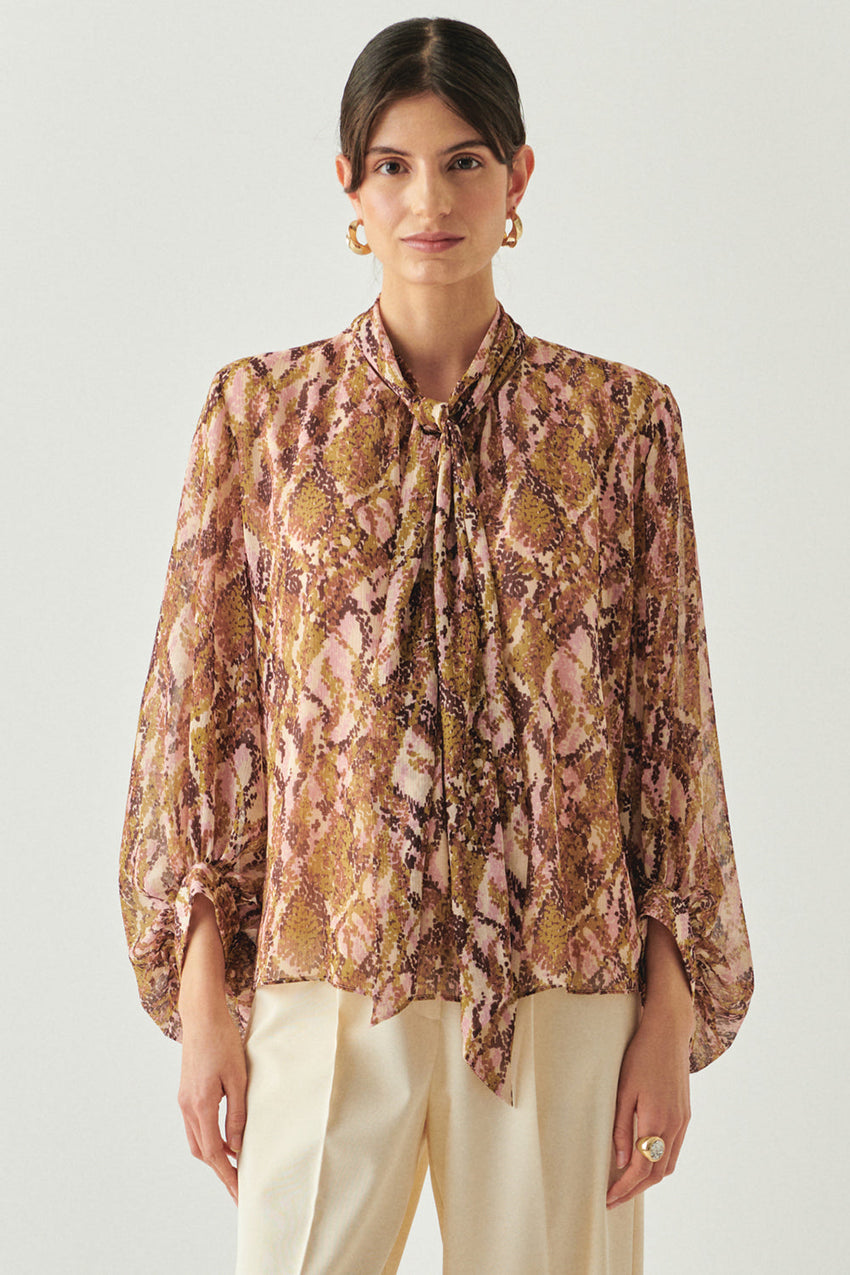 Sariyah Chiffon Snake Print High-Neck Blouse with Long Sleeves