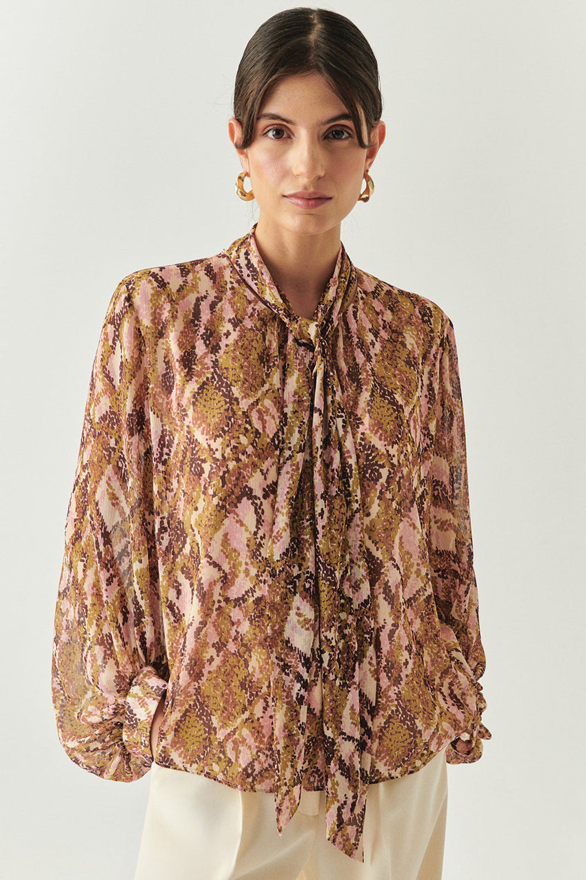 Sariyah Chiffon Snake Print High-Neck Blouse with Long Sleeves