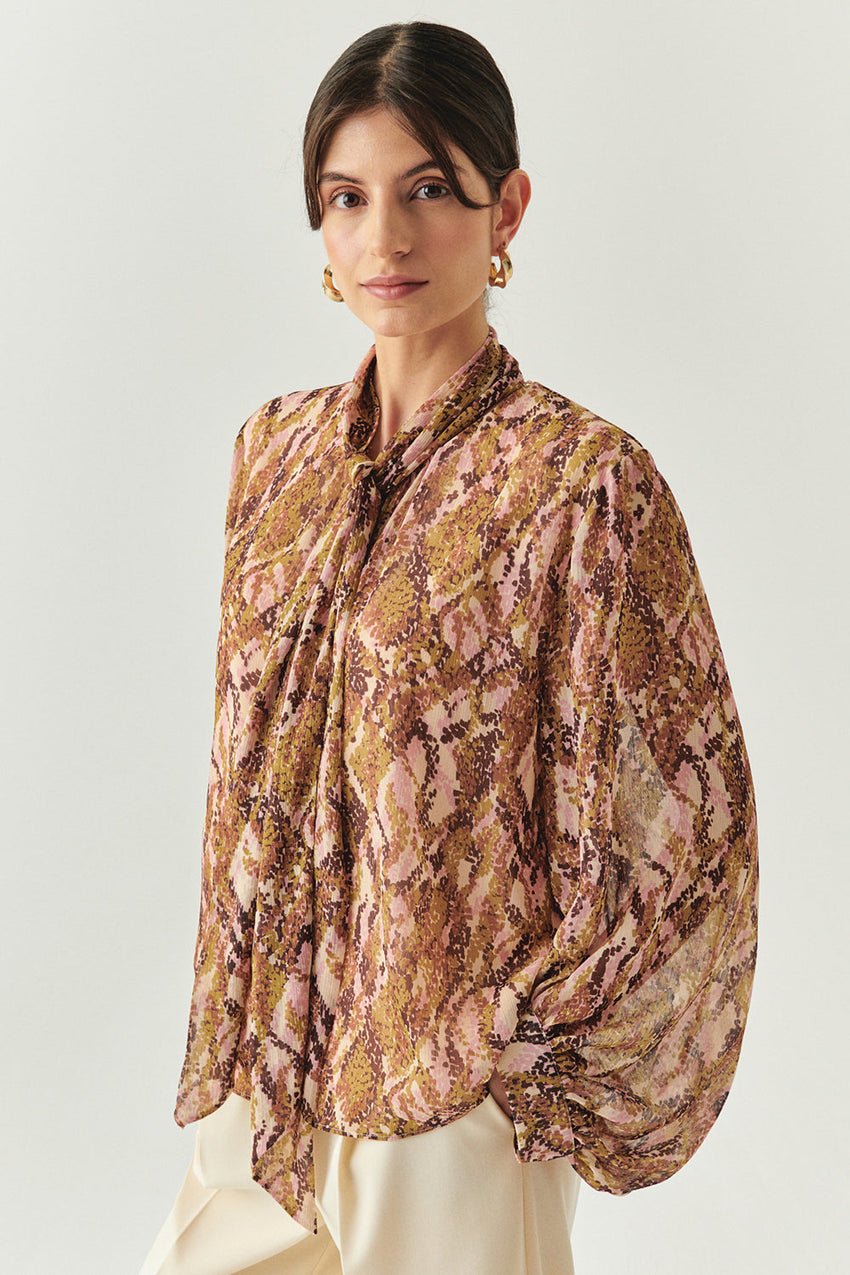 Sariyah Chiffon Snake Print High-Neck Blouse with Long Sleeves