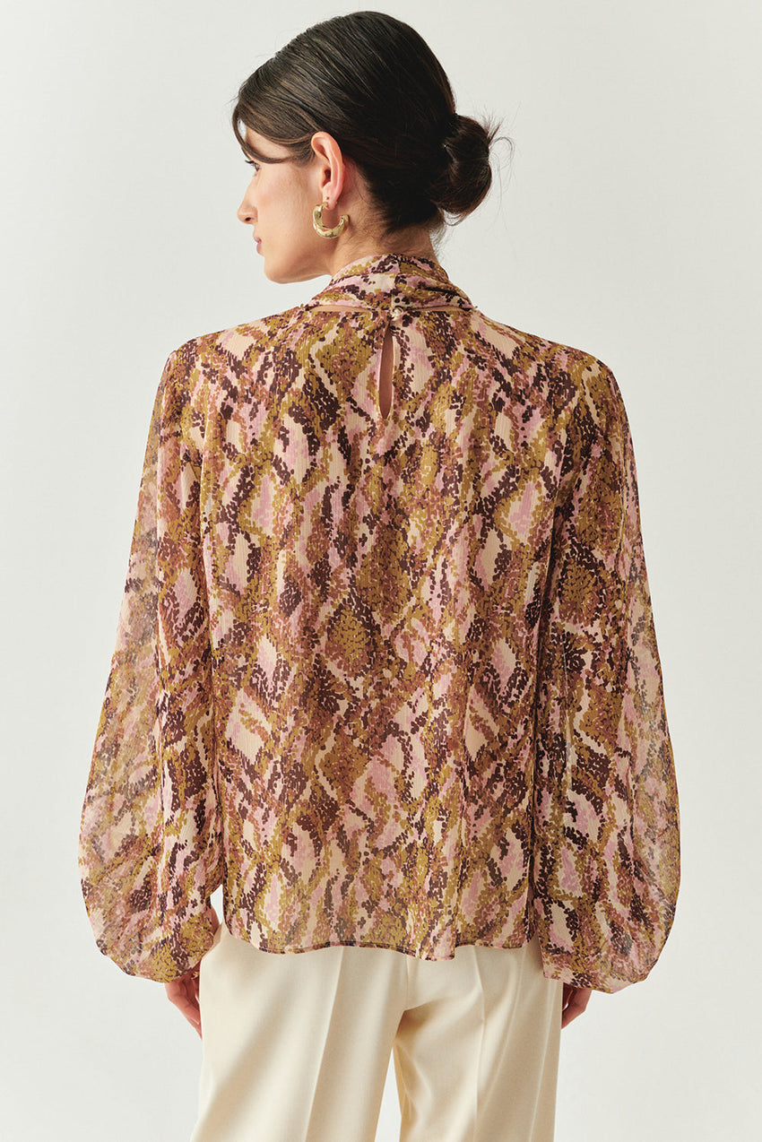 Sariyah Chiffon Snake Print High-Neck Blouse with Long Sleeves
