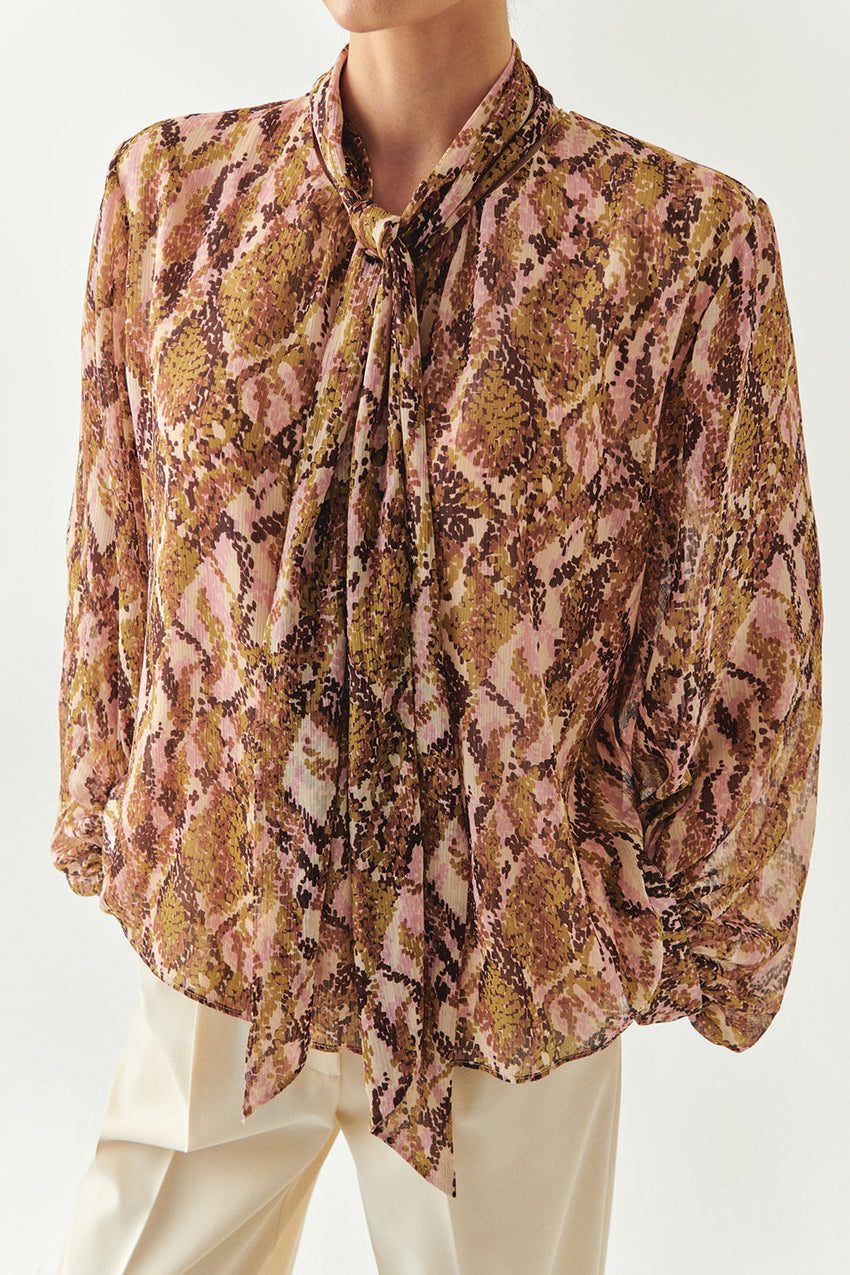 Sariyah Chiffon Snake Print High-Neck Blouse with Long Sleeves