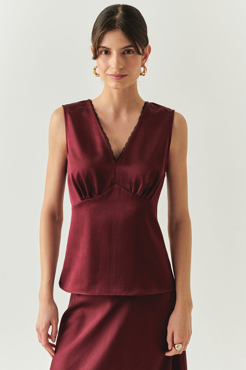 V Neck Slim Fit Satin Look Cherry Blouse Cherry Blouse