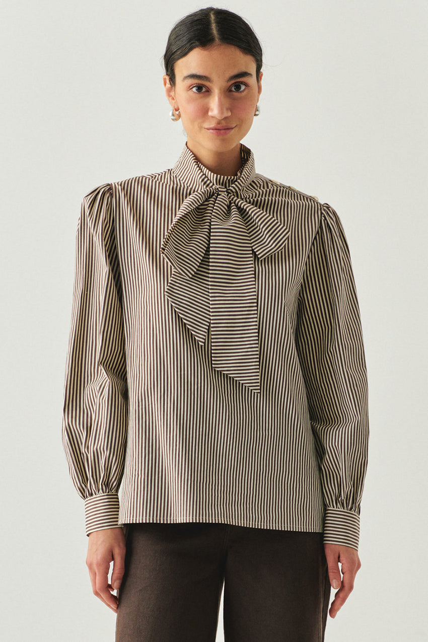 Indigo Brown-Bone Striped Cotton Blouse with High Neck, Tie Detail, and Long Sleeves