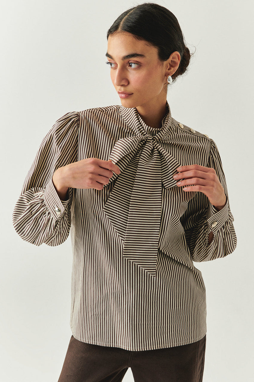 Indigo Brown-Bone Striped Cotton Blouse with High Neck, Tie Detail, and Long Sleeves