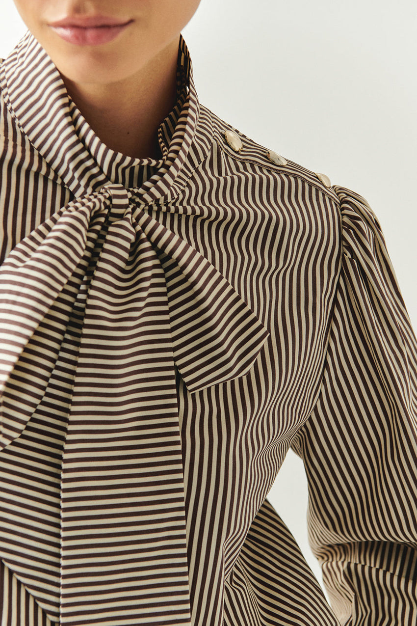 Indigo Brown-Bone Striped Cotton Blouse with High Neck, Tie Detail, and Long Sleeves