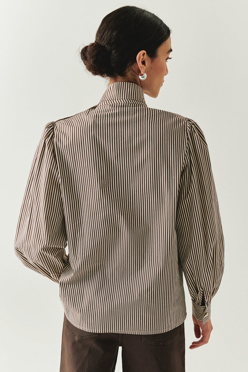 Indigo Brown-Bone Striped Cotton Blouse with High Neck, Tie Detail, and Long Sleeves