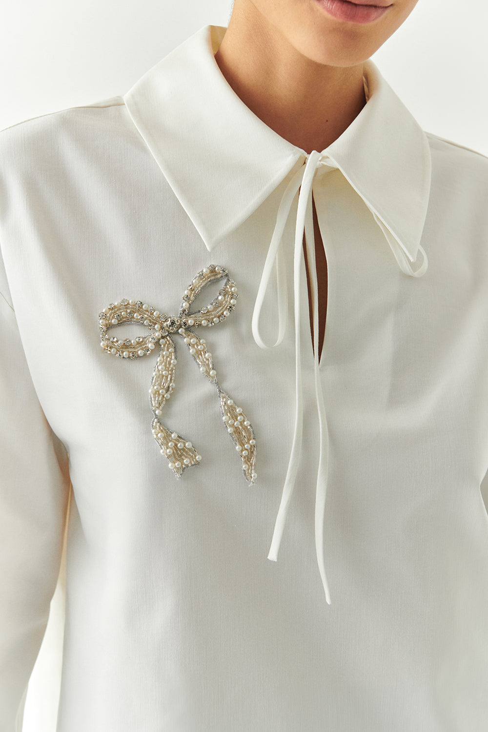Long Sleeve Bow Embroidered Shirt Collar Oversize Blouse Bone