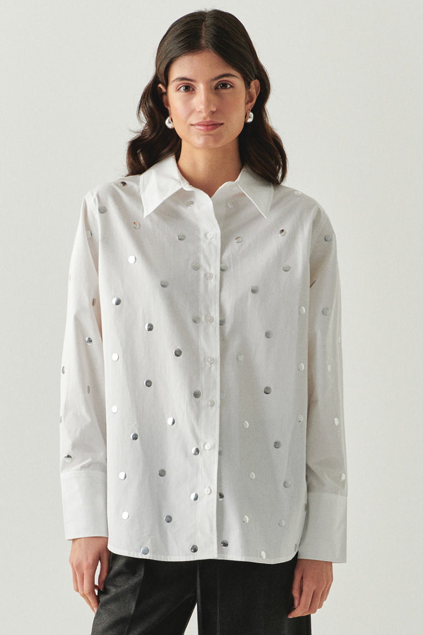 Murphy Ecru Studded Cotton Shirt with Classic Collar and Long Sleeves