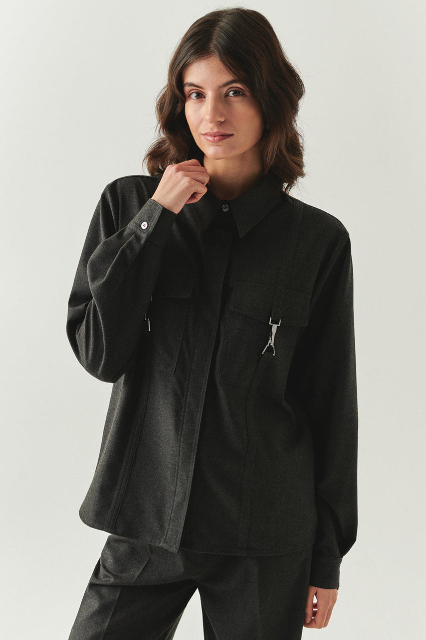 Zendaya Grey Tailored Pocket Shirt with Classic Collar and Long Sleeves