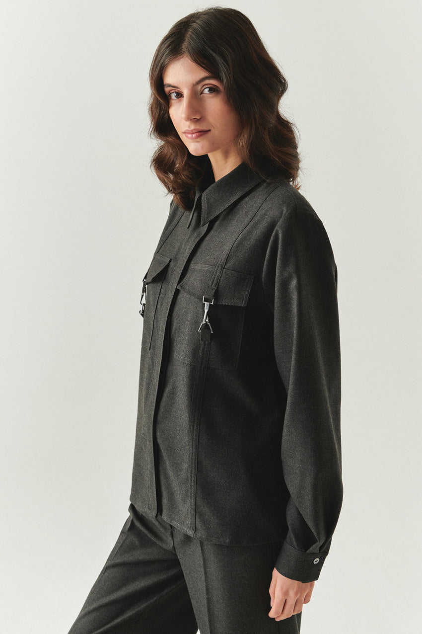 Zendaya Grey Tailored Pocket Shirt with Classic Collar and Long Sleeves