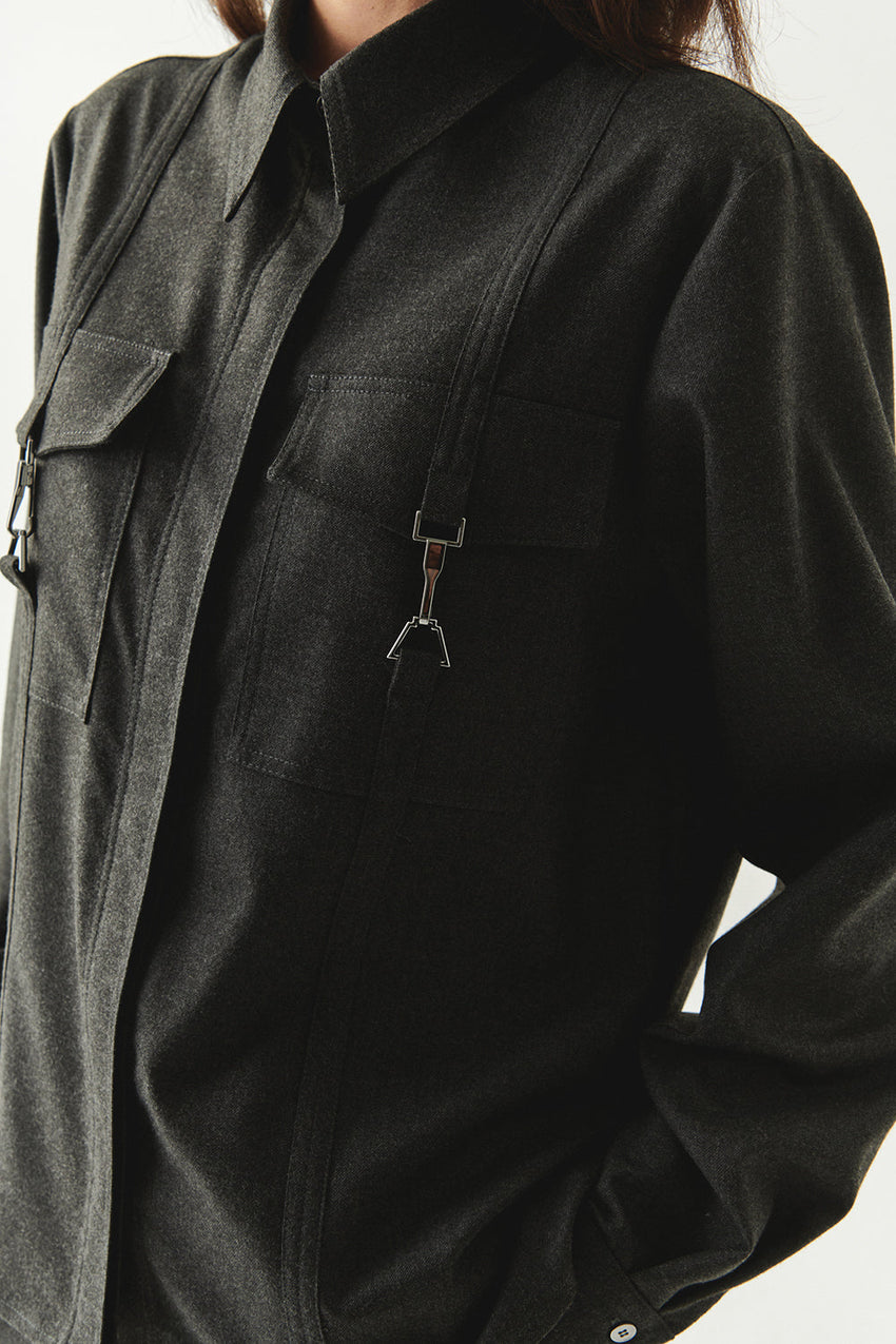 Zendaya Grey Tailored Pocket Shirt with Classic Collar and Long Sleeves