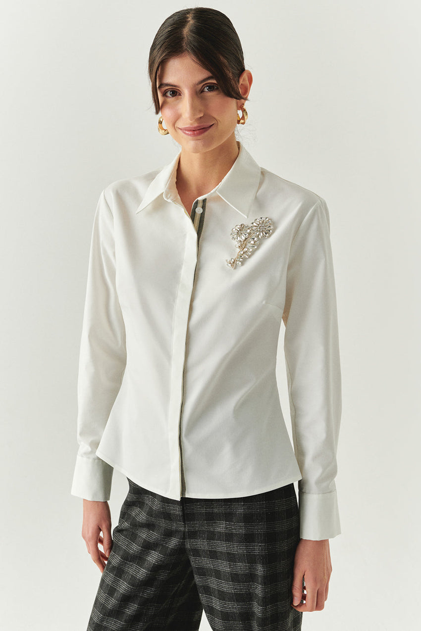 Zoya Ecru Embellished Shirt with Shirt Collar