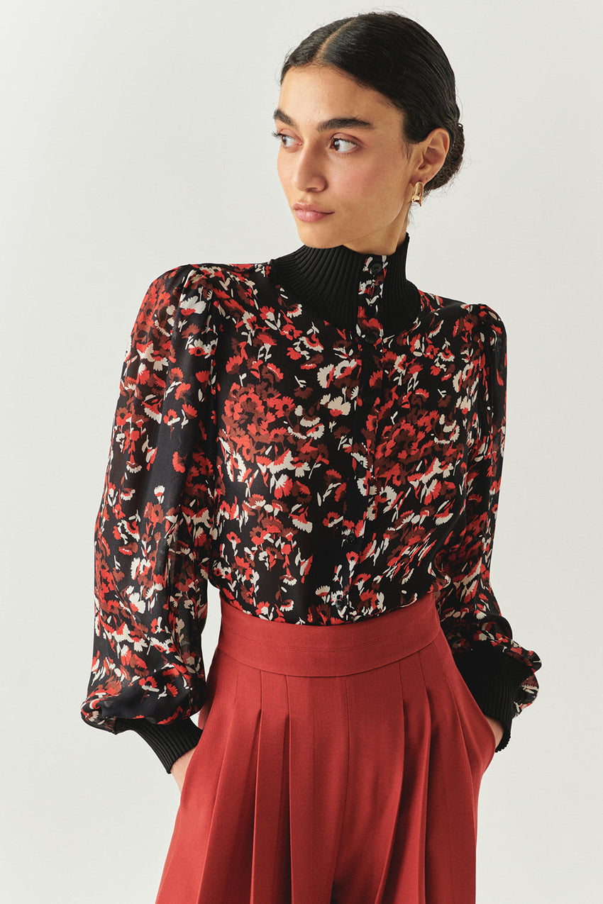 Johanna Multi-Color High-Neck Long-Sleeve Blouse with Knit Cuffs