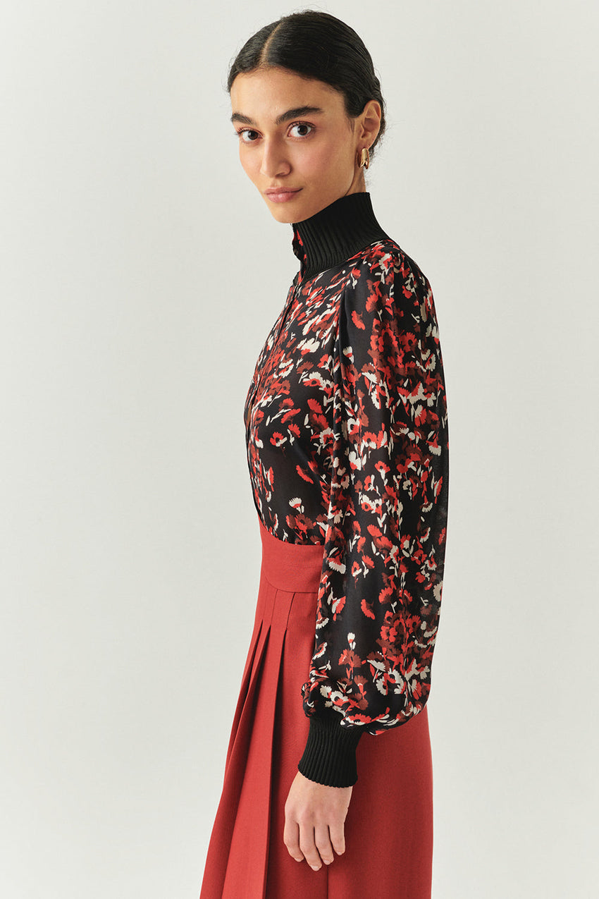 Johanna Multi-Color High-Neck Long-Sleeve Blouse with Knit Cuffs