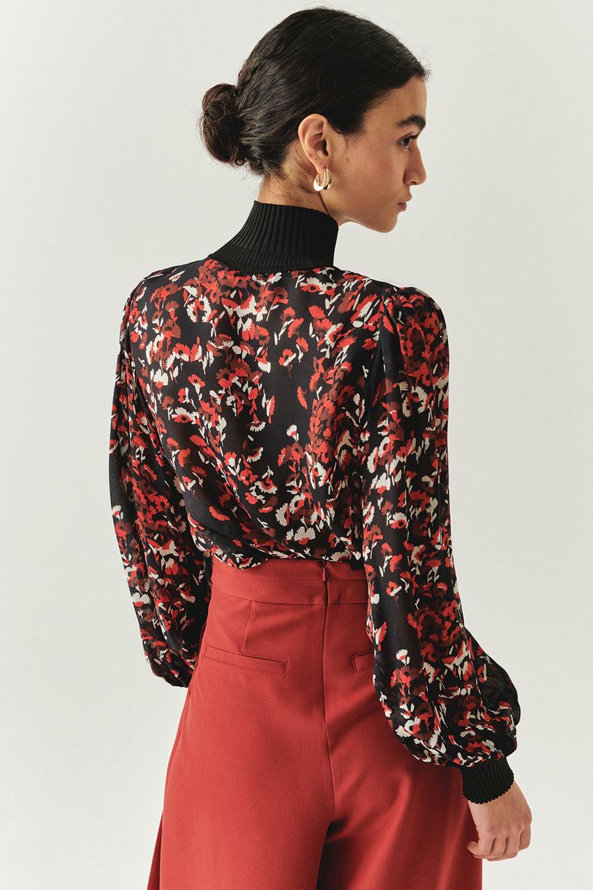 Johanna Multi-Color High-Neck Long-Sleeve Blouse with Knit Cuffs