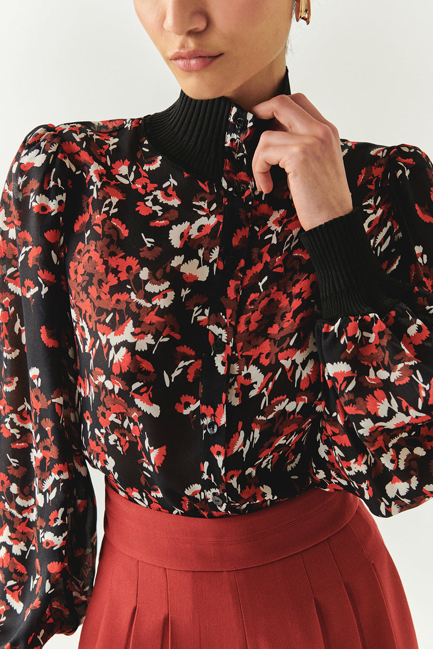 Johanna Multi-Color High-Neck Long-Sleeve Blouse with Knit Cuffs