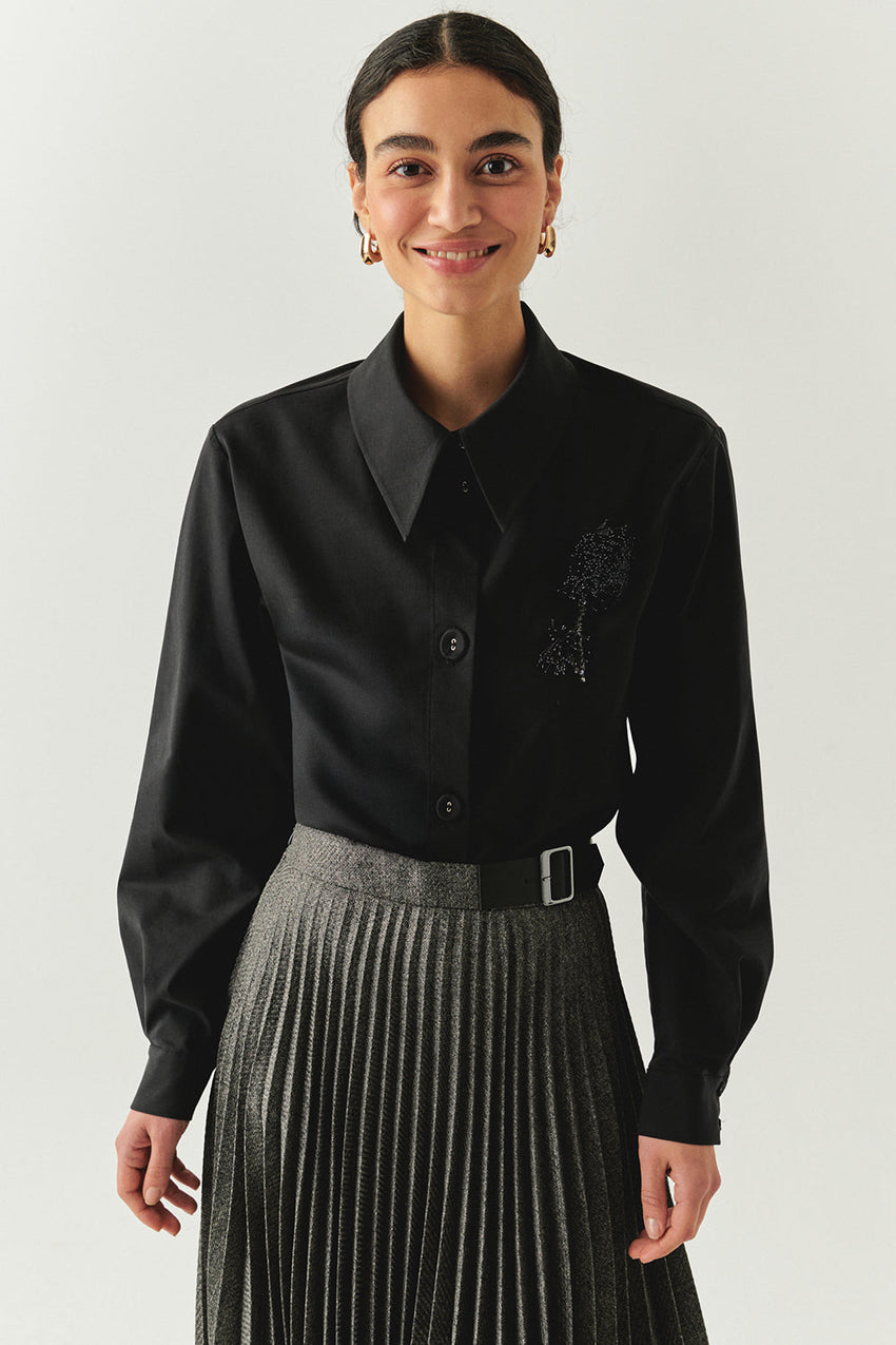 Malayah Black Long-Sleeve Shirt with Shirt Collar