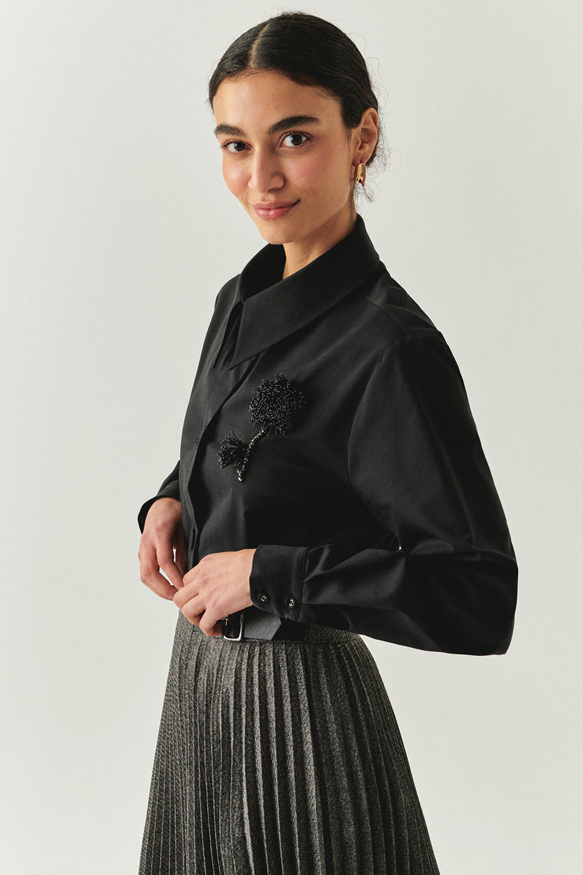 Malayah Black Long-Sleeve Shirt with Shirt Collar