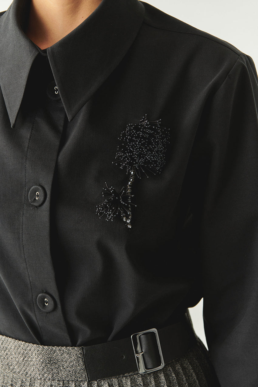 Malayah Black Long-Sleeve Shirt with Shirt Collar