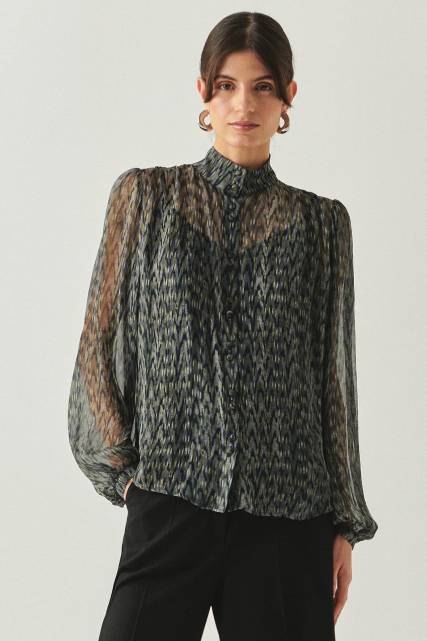 Kamiyah Multi-Color Mandarin-Collar Long-Sleeve Blouse