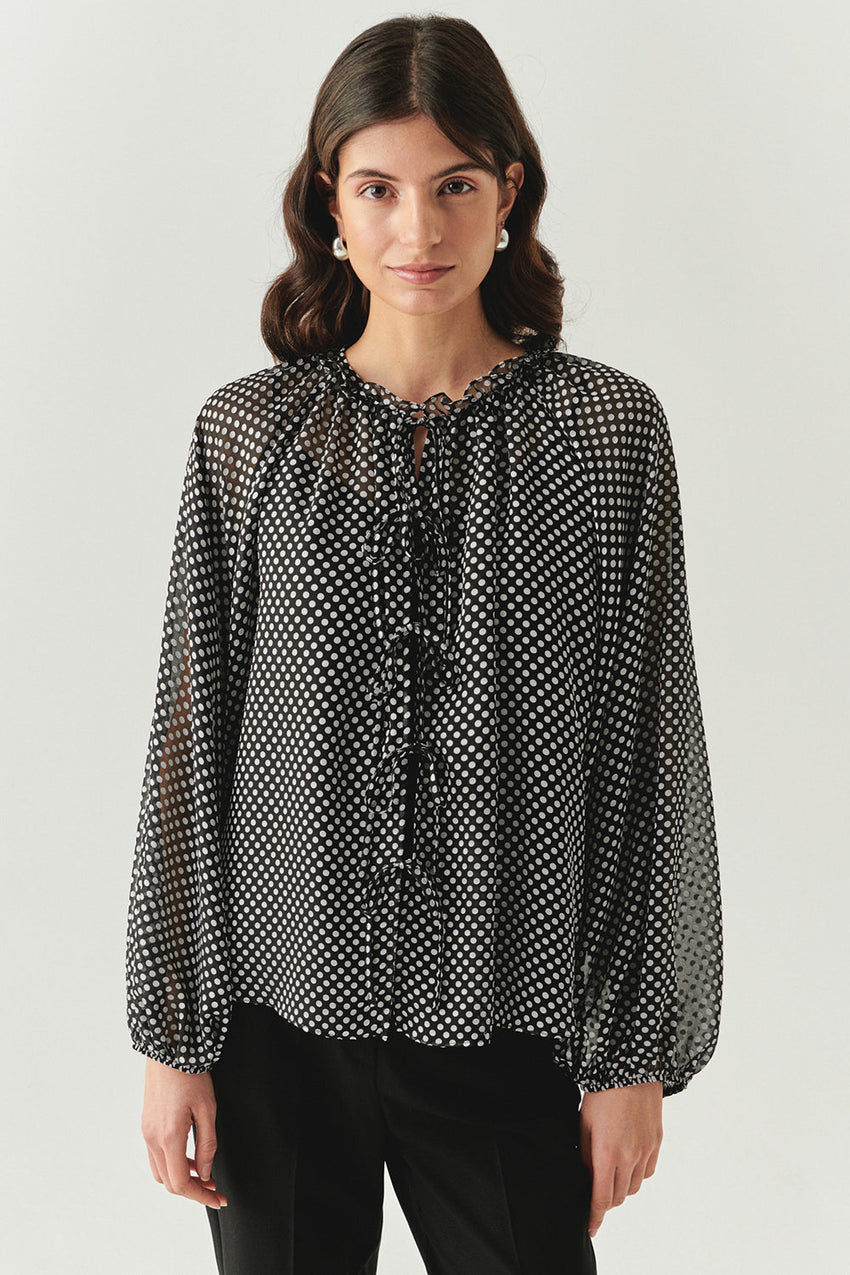 Polka Dot Long Sleeve Tie Detail Regular Grey Black Shirt Grey Black Shirt