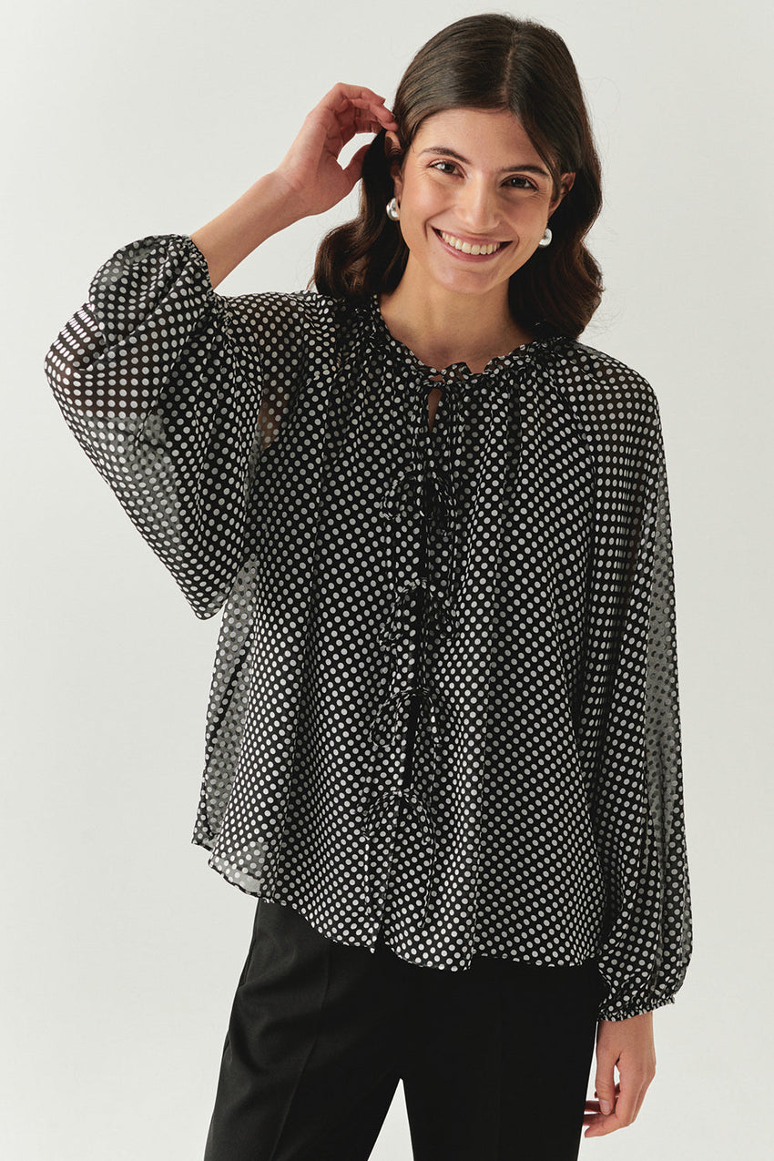 Polka Dot Long Sleeve Tie Detail Regular Grey Black Shirt Grey Black Shirt