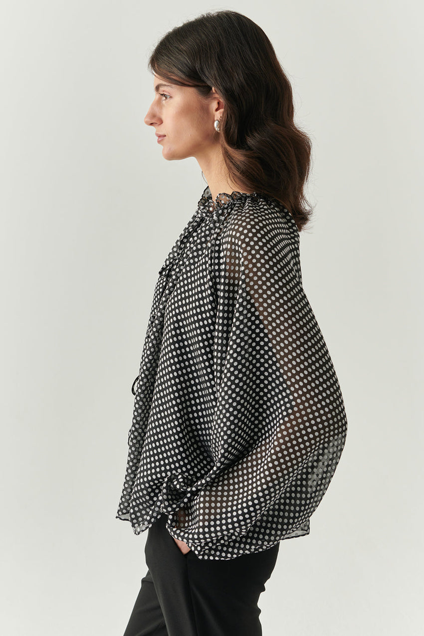 Polka Dot Long Sleeve Tie Detail Regular Grey Black Shirt Grey Black Shirt