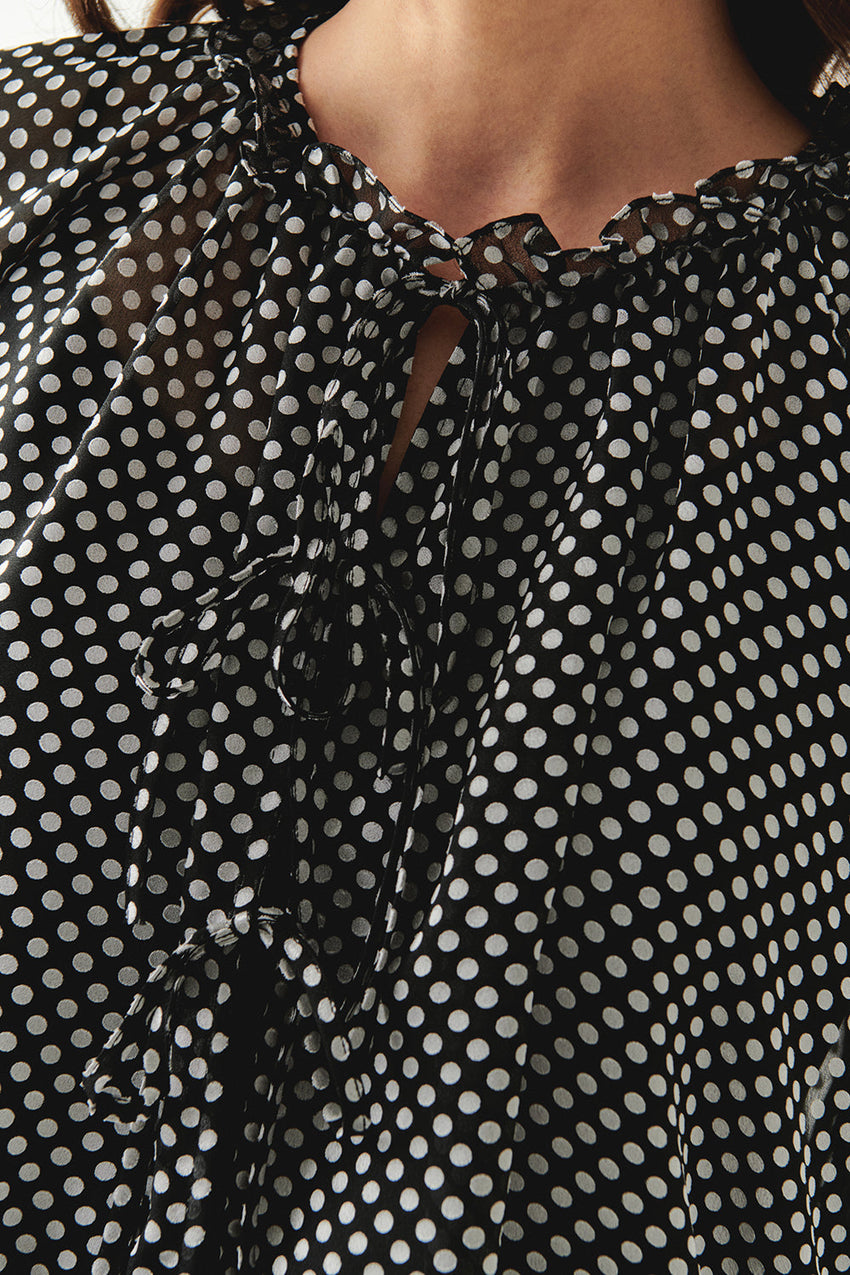 Polka Dot Long Sleeve Tie Detail Regular Grey Black Shirt Grey Black Shirt