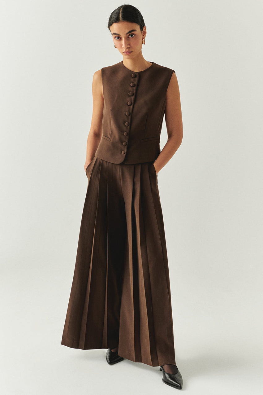 Irene Brown Wide-Leg Back-Pocketed Pants