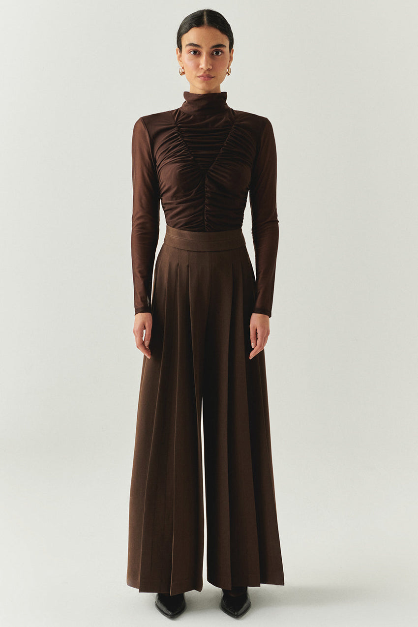 Irene Brown Wide-Leg Back-Pocketed Pants