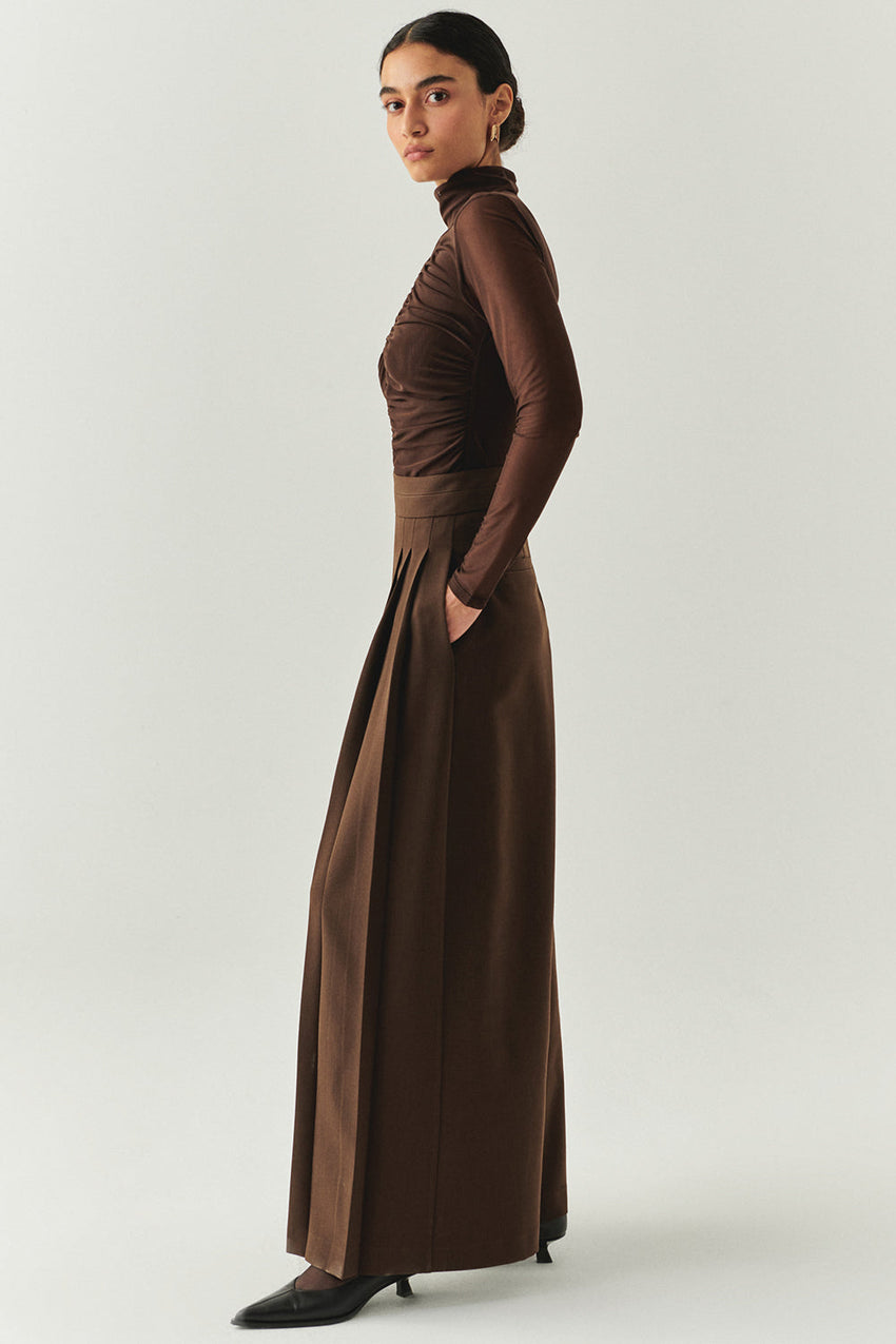Irene Brown Wide-Leg Back-Pocketed Pants