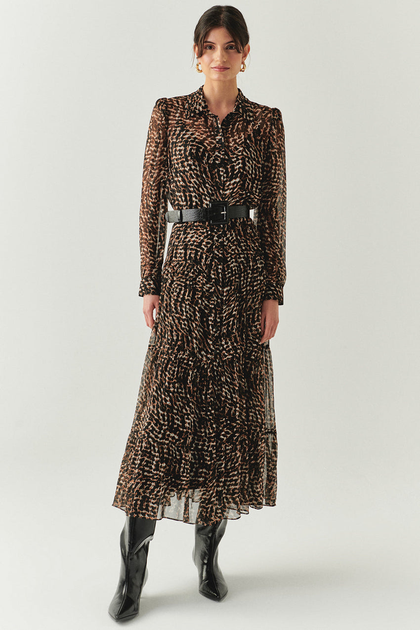 Aliza Printed Chiffon Belted Shirt Dress